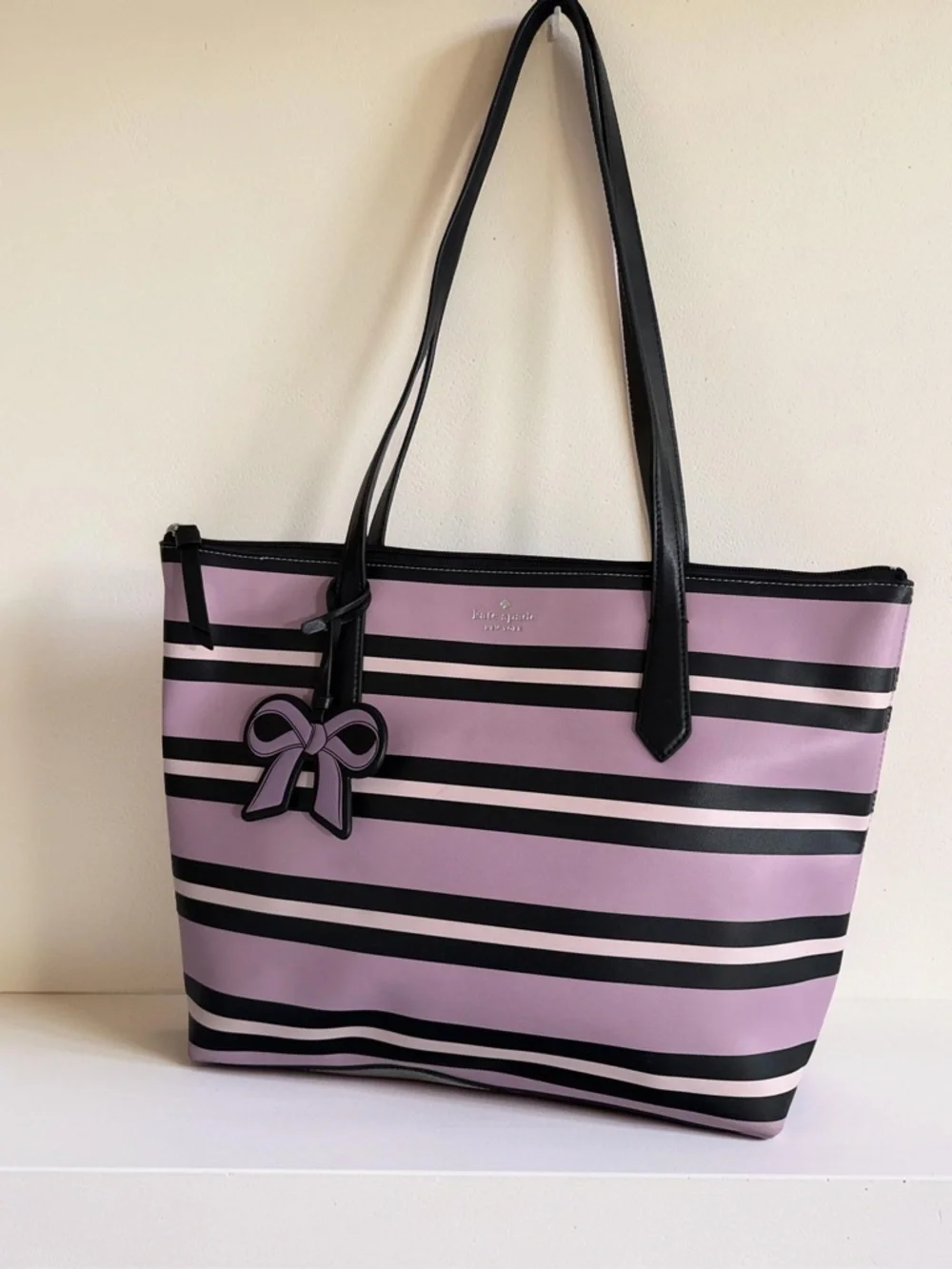 kate spade Pink and Black Striped Tote with Bow Charm
